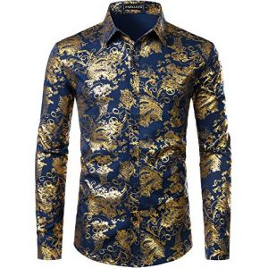 PARKLEES Chemise de luxe pour homme, imprimé élégant, coupe ajustée, boutonnée Motif cachemire doré brillant, Or marine., M (PARKLEES, neuf)