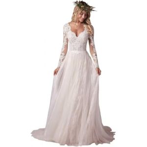 JIAJUPA Robes de mari&eacute;e &agrave; manches longues pour mari&eacute;e en dentelle boh&egrave;me robe de mari&eacute;e pour femme robe de mari&eacute;e campagnard, ivoire, 36 (JIEMINGJINGXUAN, neuf)