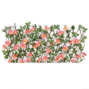 Treillis extensible en bois avec fleurs artificielles et feuilles pour d&eacute;coration de jardin, cl&ocirc;ture r&eacute;tractable (rose fonc&eacute;) (FHsport, neuf)