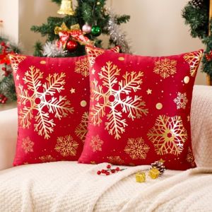 Miuyunya Lot de 2 Housse de Coussin No&euml;l Velours D&eacute;coration 45 x 45 Rouge Housse Coussin Decoratif Canap&eacute; Dor&eacute; Flocon Neige Imprim&eacute; Taie d'oreiller Carr&eacute; pour Canap&eacute; Boh&egrave;me Art D&eacute;co Chambre Salon (Miuyunya, neuf)