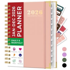 Agenda 2026, format A5, jour par page, janvier &agrave; d&eacute;cembre 2026, planificateur journalier et mensuel avec porte-stylo, onglets 12 mois, 4 autocollants de planificateur, poche int&eacute;rieure, calendrier &agrave; (The ocean-us, neuf)