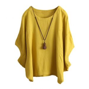 ORANDESIGNE Chemise Lin Femme Chemisier Coton Et Lin Col Rond Manches Chauve-Souris Tops Unie Lâche Respirant T-Shirts Demi-Manches Casual Lin Tunique Blouse Pas d'accessoires A Jaune 3XL (ORANNER EU, neuf)