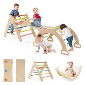 GOPLUS 7 en 1 Triangle Arche Montessori avec Coussin, Arche d'escalade Enfants avec Toboggan Bois,Rampe, Échelle Réglable, Charge 50KG, pour Tout-Petits Bébé 1 Ans+ (7 en 1 + Coussin,Pastel) (Augenstern24, neuf)