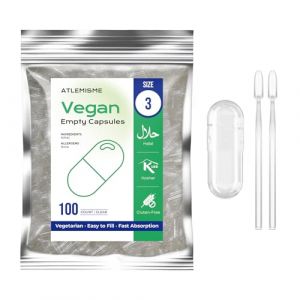 ATLEMISME Gélules Vides Végétales Taille 3 - Lot de 100 avec 2 Cuillères - Sans Gélatine - Gélules Faciles à Remplir et à Dissoudre Rapidement - Idéales pour Compléments Alimentaires et Poudres (ATLEMISME, neuf)