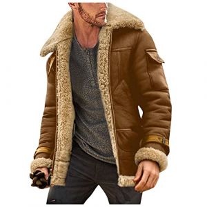 L9WEI Veste en cuir pour homme avec poche, fermeture &eacute;clair, col avec revers, veste en fausse fourrure, veste d'hiver &eacute;paisse, col en fausse fourrure, veste d'hiver, manteau en peau de mouton (Lutte pour la Rena&icirc;tre, neuf)