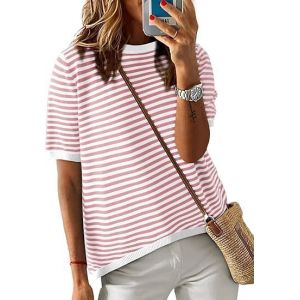 Cuptacc T-shirt pour femme en coton - Haut d'&eacute;t&eacute; &agrave; manches courtes - Tops basiques &agrave; col rond - Tunique &eacute;l&eacute;gante - Chemisier &agrave; rayures - Blanc et noir, S (CuptaccFashion, neuf)