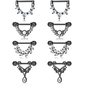 Kakonia 4 Paires 14G Anneaux de Mamelon pour Femme en Acier Inoxydable 316L Coeur Larme Lune Étoile Opale Feuille CZ Barbell Anneaux de Mamelon Ensemble Mignon Nipplerings perçage Bijoux, Noir (Kakonia, neuf)