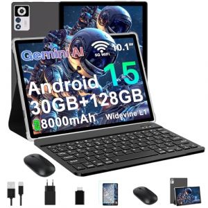 ZIOVO Android 15 Tablette 10 Pouces,30Go RAM+128Go ROM (TF 2To)Tablet,5G WiFi Tablettes,Octa-Core 2.0 GHz/Gemini AI/Widevine L1/8000 mAh/BT 5.0/GPS/Face ID/2 en 1 Tablette avec Clavier et Souris-Noir (G SERVICE 2025 EOOD, neuf)