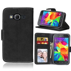 SATURCASE Galaxy Core Prime Coque, R&eacute;tro Givr&eacute; PU Cuir Magn&eacute;tique Flip Portefeuille Support Porte-Carte Coque Housse &Eacute;tui pour Samsung Galaxy Core Prime SM-G360F (Noir) (SATURCASE-EU, neuf)