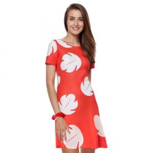 Funhoo Rouge Robe de Princesse Hawaïenne Impression Feuille Motif Lilo Costume Cosplay pour Filles Femmes Robe à Manches Courtes Été Fête Tenue Décontractée (Adulte, XL) (FunHoo, neuf)