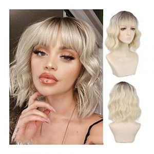 Perruque Naturel Perruque Synth&eacute;tique Courte Bob avec Frange Perruque Boucl&eacute;e Vague Blonde Femme avec Racine Noire Perruque Synth&eacute;tique Bob R&eacute;sistante &agrave; la Chaleur Naturelle Perruque Coupe (zengfanjunuk, neuf)