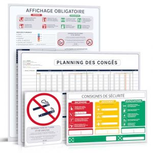 Affichage Obligatoire Entreprise 2025 – Kit Complet Conforme : consignes de Sécurité, Interdiction de Fumer, Premiers Secours, Calendrier Congés – Plastifié – Feutre + Adhésifs inclus (Affinorme, neuf)