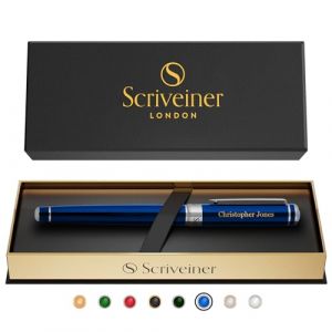 Scriveiner Stylo Bleu Nuit Personnalis&eacute; - Stylo de Luxe Laqu&eacute; Bleu, Finition Chrome, Recharge Schmidt, Cadeau Styl&eacute; Grav&eacute; pour Hommes et Femmes, Gravure de Nom Personnalis&eacute;e (SCRIVEINER, neuf)