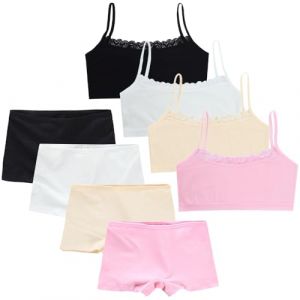 Lot De 4 Soutien-Gorge D’entraînement Fille Coton Ensemble Brassiere Soutien-Gorge Sport + Culotte, Soutien-Gorge sans Armature Fille Gilet Undies sous-vêtements 7 à 10 Ans (Sunvivid, neuf)
