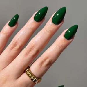 24 Pièces Français Faux Ongles Autocollants, Vert Foncé Amande Ongles à Coller Couleur Pure Press on Nails, Réutilisables Couverture Complète Brillant Acrylique Ongles pour Femme Fille (GSSYUNHAI, neuf)