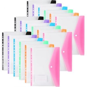 Lot de 18 pochettes perfor&eacute;es en plastique A4, 11 trous, extensibles pour pochettes &agrave; documents &agrave; 2/3/4 anneaux avec bouton pression et &eacute;tiquette, feuilles mobiles transparentes pour bureau, &eacute;cole (JoyMaxJoy Direct, neuf)