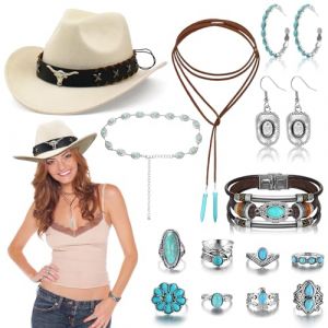 14 Pièces Set Accessoires Chapeau de Cowboy pour Femme, Années 70 Déguisement de Western Cowgirl avec Chapeau de Cowboy Boucles d'oreilles Collier et Chaîne de Taille pour Halloween Carnaval Cosplay (Qi ShiPengDeshop, neuf)