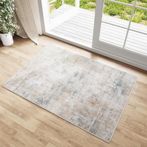 HUGEAR Beige Bleu Tapis D'entrée 60x90cm Lavable en Machine Antidérapant Moderne Naturel Abstrait Petit Carpet Chambre Descente de Lit Cuisine Interieur Doux Poil Ras Rug (RONGBEN, neuf)