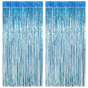 Rideau Anniversaire Bleu Clair Paillette, 2 Pièces Rideau Métallique Tinsel Bleu Clair, Rideaux à Franges en Aluminium Fond de Photo pour Decoration Anniversaire Mariage Noël Fête (JINGMINGHE, neuf)