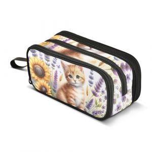 Trousse à crayons aquarelle avec chaton roux et fleurs de lavande, grande capacité pour garçons et filles, trousse à crayons à 3 compartiments pour étudiants, papeterie, marqueur pour l'école, le (qianjiangshihuchaoshangmaoyouxiangongsi, neuf)