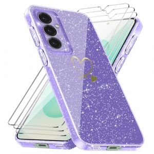 Coque Compatible avec Samsung Galaxy S25/ Samsung Galaxy S24 5G, 3 Pièces Protection Écran en Verre Trempé, Housse Souple et Transparent, Étui Anti Empreintes et Paillettes - Violet (crisant, neuf)