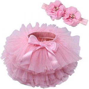 Vobozeany B&eacute;b&eacute; Fille Jupe Tutu en Tulle Doux + Bandeau &agrave; Fleurs Tutu Mini Jupe Princesse Pettiskirt Nouveau-N&eacute; Naissance Costume pour Photographie Anniversaire F&ecirc;te Bapt&ecirc;me (Vobony, neuf)