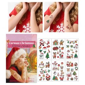 Christmas Sticker Kids - 6 pi&egrave;ces autocollants temporaires pour le visage avec un faux dessin anim&eacute; art corporel imperm&eacute;able, d&eacute;calcomanies de flocon de neige pour faveurs de f&ecirc;te, bassins (pistaw, neuf)