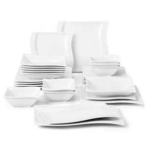 Malacasa S&eacute;rie Flora, 26 Pi&egrave;ces, Service Complet de Table Porcelaine Couvert Vaisselles, 6 Bols, 6 Assiettes &agrave; Dessert, 6 Assiettes Creuse &agrave; Soupe, 6 Assiettes Plates, 2 Plats Rectangulaires, Art de Table Contemporain pour 6 Personnes (MALACASA Modern Tab