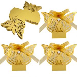 Boîte Cadeau Mariage, 50 Pièces Boîte à Bonbon Mariage, Papillon Boite a Dragee, Boîte de Bonbons de Noël avec Ruban, pour Mariage, Anniversaire, Bébédouche, Baptême, Graduation, Fête (Or) (Wuuooei Direct, neuf)