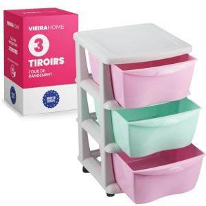 Tour de Rangement Plastique 3 tiroirs | Meuble Rangement à Tiroirs en plastique sur roulettes caissons | Tiroir Rangement bac plastique boite - Fabriqué en Europe (Rose) (Propolinature, neuf)