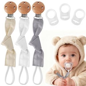 EARLY MINDS Pack de 3 Attache Sucette Coton B&eacute;b&eacute;, Attache Tetine Tissu, Unisexe Accroche T&eacute;tine pour Gar&ccedil;ons et Filles, Accessoires pour B&eacute;b&eacute;, Clip T&eacute;tine pour Cadeau Naissance (Gris Blanc Beige) (YUETS, neuf)