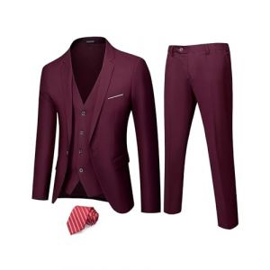 Hihawk Costume 3 pièces pour homme avec tissu extensible, coupe ajustée, ensemble blazer à un bouton, veste, gilet et pantalon avec cravate, bordeaux, Taille 3XL (YULINBAIHUO, neuf)