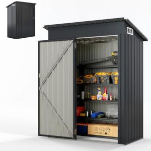 HOMASIS Abri de Jardin M&eacute;tal Exterieur avec Toit en Appentis, Cabane de Jardin avec Porte et 2 Fen&ecirc;tres, Abri &agrave; Outils Structure Renforc&eacute;e, Haute R&eacute;sistance pour Ferme,150 x 88 x 185 cm (Noir) (Homasis, neuf)