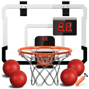 TEUVO Mini Panier Basket Intérieur avec Electronique Scorer & 4 Boules, Panier de Basket Enfants pour Porte/Chambre/Bureau/Mural Extérieur Basketball Jeux Cadeau Jouet 3 5 6 7 8 9 10 Ans Garçon Fille (TEUVO, neuf)