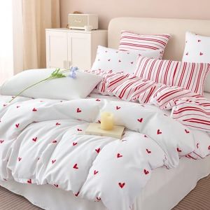Tospass Housse de Couette Coeur 200x200cm Blanc Rouge Motif du Cœur Parure de Lit 2 Personne Ado Adultes Filles avec Fermeture Éclair Housse Couette en Microfibre avec 2 Taie d'oreiller 65x65cm (Jimingyo, neuf)