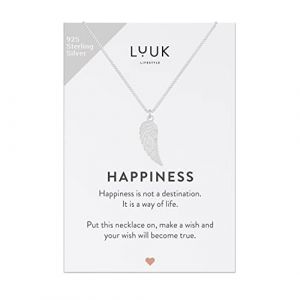 LUUK LIFESTYLE Collier en argent sterling 925 avec pendentif ailes d'ange, carte cadeau HAPPINESS, porte-bonheur de voyage, argent (LUUK Brands, neuf)