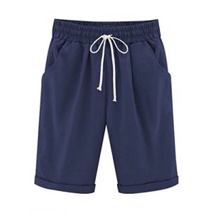 Bermuda Femme Ete Fluide en Lin Short De Sport Chic Large Fluide Pas Cher Shorts et Bermudas Habill&eacute; Femmes Grande Taille &Eacute;lastique avec Poches Confortable Ample Mode Sport Jogging Pantalons Court (⭐⭐⭐⭐⭐AEGJEGVD⭐⭐⭐⭐⭐, neuf)