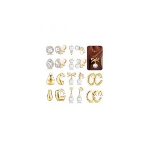 MILACOLATO 10 Paires Boucle d'Oreille Clip Femme Hypoallerg&eacute;niques Clips Oreilles non Perc&eacute;es Argent/Plaqu&eacute; Or 14K Boucles Oreilles Clip Creoles Zircone Perle Pendantes Faux Piercing Oreille-g (qingtxc, neuf)