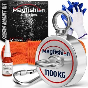 MAGFISHION Aimant Neodyme Puissant - Traction de 1100KG (2 x 550kg) - Aimant de P&ecirc;che - &Oslash;116mm - Peche a l'aimant avec de Corde (20M) et Gants - Kit de P&ecirc;che Super Magn&eacute;tique (AWEMOZ, neuf)