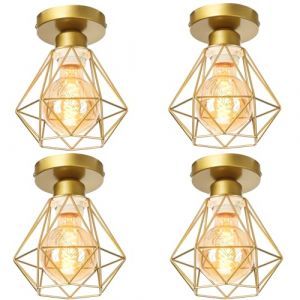 TOKIUS E27 Plafonnier Industriel Suspension Luminaire Vintage Design Lustre M&eacute;tal R&eacute;tro forme Cage &Oslash;160mm &eacute;clairage plafond 40W, Dor&eacute; (4pcs) (TOKIUS, neuf)