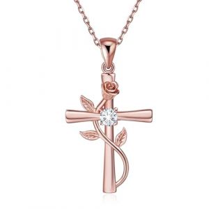 BlingGem Collier Croix Rose Argent 925/1000 Plaqué Or Rose Oxyde de Zirconium Rose Fleur Pendentif Femme Fille Cadeau (BlingGem Collection, neuf)