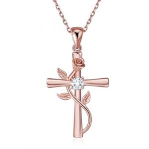 BlingGem Collier pour Femme Croix Rose Argent 925/1000 Plaqué Or Rose Oxyde de Zirconium Rose Fleur Pendentif Collier Fille Cadeau pour Femme (BlingGem Collection, neuf)