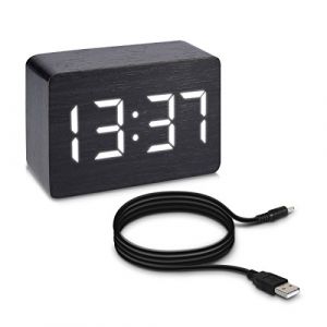 kwmobile R&eacute;veil Bois LED - Horloge Digitale Aspect Bois - R&eacute;veil Matin Tactile avec Fonction Date Heure Temp&eacute;rature - Rectangle Noir et LED Blanc (SX-Commerce, neuf)