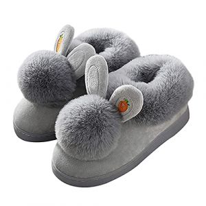 WYSFLY Chausson Lapin Fille Peluche Pantoufle Femmes Chaussures de maison chaudes et confortables Gris 32/33 EU taille de l'étiquette 34/35 (qzchuanming, neuf)