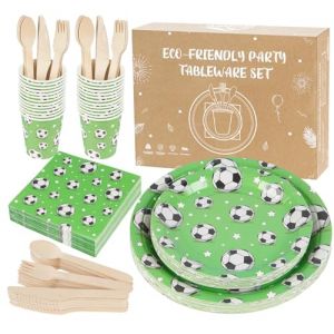 Anstore Football Vaisselle de F&ecirc;te pour 25 Invit&eacute;s avec Serviettes, Gobelet, Fourchettes, Couteaux, Cuill&egrave;res, Assiette en Carton pour D&eacute;coration de Table Party, Pique-nique, Barbecue, Camping (JieSD Shop, neuf)