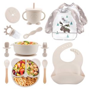 Feelhap Assiette Bebe, Coffret Repas Bebe Silicone 13 Pièces, Vaisselle Antiderapant pour Bébé Set Silicone avec Ventouse Assiette Bol Fourche Cuillère Bavoir et Tasse Cadeau Grignoteuse Bébé (Beige) (YODAZA LIMITED, neuf)
