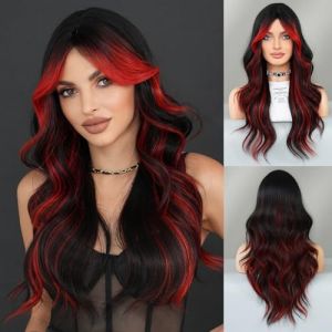 TRUMOST Perruque longue ondul&eacute;e rouge noire avec rideau Bang 26 pouces rouge et noir ombr&eacute; synth&eacute;tique r&eacute;sistant &agrave; la chaleur avec racines fonc&eacute;es pour femme, f&ecirc;te, quotidien (Fast Media Ships From USA, neuf)