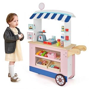 COSTWAY Epicerie Enfant en Bois avec 30 PCS Accessoires, Marchande Enfants avec Auvent Supérieur & Poignée de Poussée, Motif d’Aliments Mignons, Jouet d'Imitation pour Enfants de 3 Ans+ (FDS GmbH, neuf)