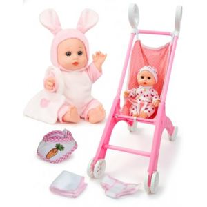 Baby Doll Stroller Set with Adorable Bunny Outfit & More Accessories, Safe Durable Design for Imaginative Play, for Toddlers Ages 3+ (Playfulbay, neuf)