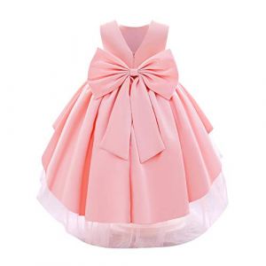 IBAKOM B&eacute;b&eacute; Filles Petits Enfants &eacute;l&eacute;gant sans Manches col en V Bowknot Satin Formelle f&ecirc;te Mariage Demoiselle d'honneur Communion bapt&ecirc;me Princesse Robe de Bal Rose Clair 3-4 Ans (ZhuL, neuf)